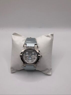 Women's Silver Chronograph Watch with Light Blue Strap, works needs battery-band